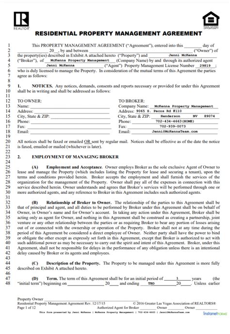 Property Management Agreement Template Free Agreement Templates