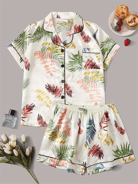 Tropical Print Satin Pajama Set Shein Usa Cute Sleepwear Sleepwear