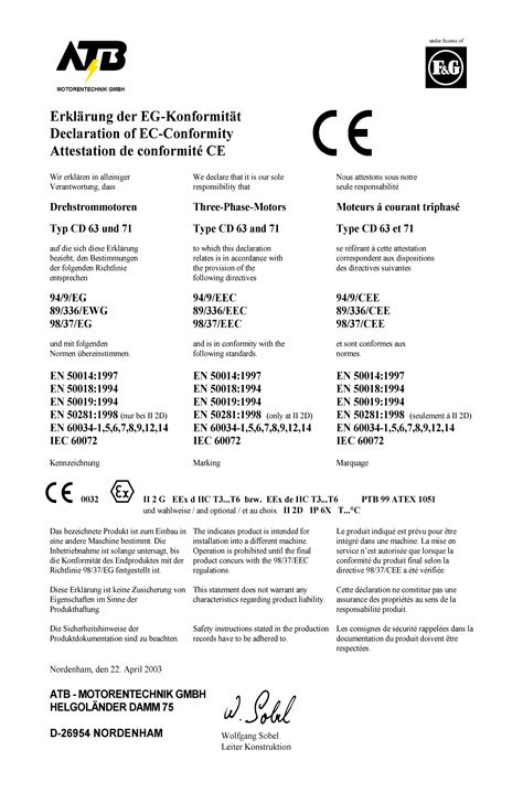 EU Declaration Of Conformity ATEX 2G 2D ATB Motors Type CD Frame