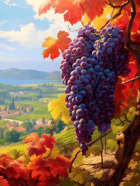 Premium AI Image | a painting of grapes and a painting of a vineyard.