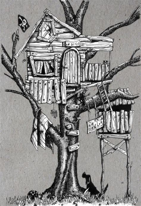 Rickitinic Treehouse Tree House Drawing Drawings Black And White