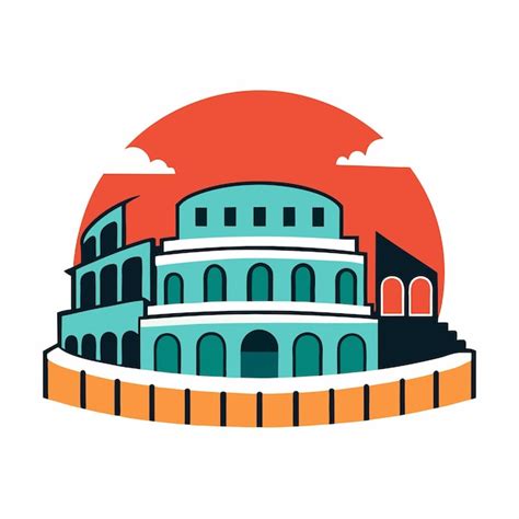 Un Dibujo De Un Edificio Con Un Sol Rojo En El Fondo Vector Premium