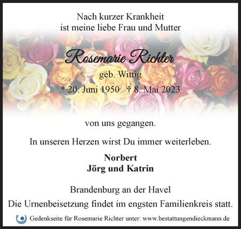 Traueranzeigen von Rosemarie Richter Märkische Onlinezeitung Trauerportal