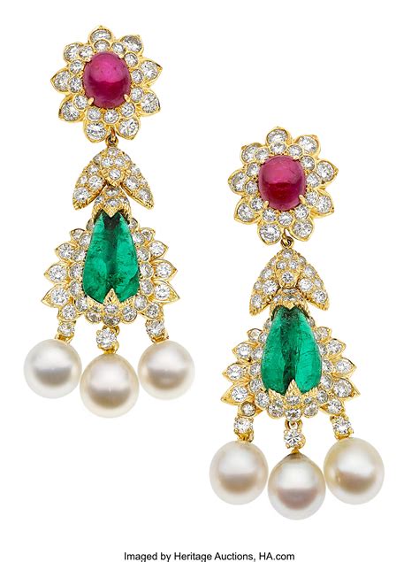 Emerald, Ruby, Diamond, Cultured Pearl, Gold Earrings, David Webb ...