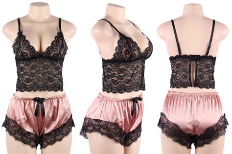 High Quality Transparent Woman Floral Lace Top Lingerie Girl Satin Underwear Pajamas Set China