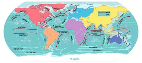 The Ocean Current World Map With Names Stock Vector Illustration Of