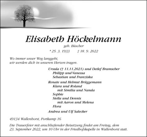 Traueranzeigen von Elisabeth Höckelmann noz Trauerportal