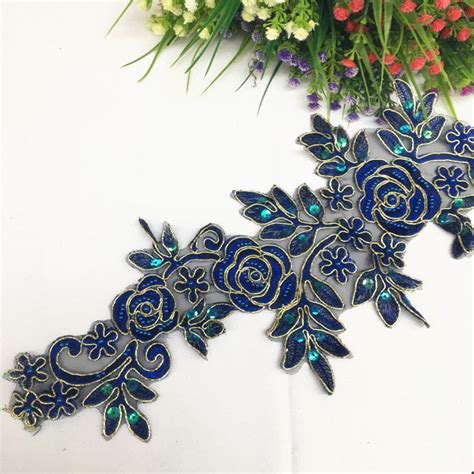 Navy Blue Alencon Embroidered Sequins Lace Applique Gold Etsy