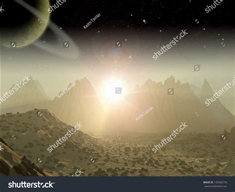 Alien Planet Desolate Landscape Sunrise Sunset Stock Illustration