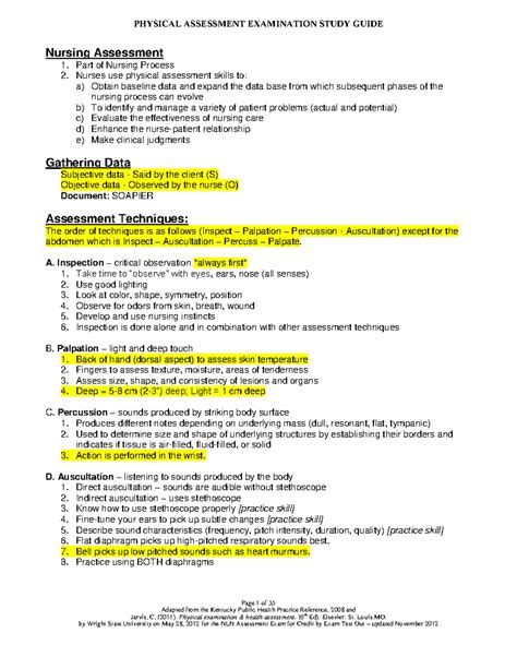 Physical Assessment Exam Study Guide Page Of Adapted From The