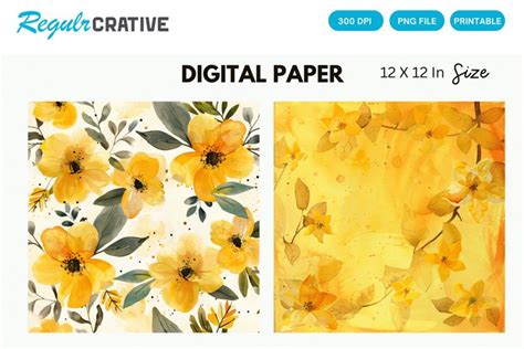 Watercolor Yellow Floral Digital Paper Floral Background