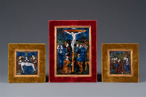 Three Limoges Enamel Plaques Depicting Stations Of The Cross France