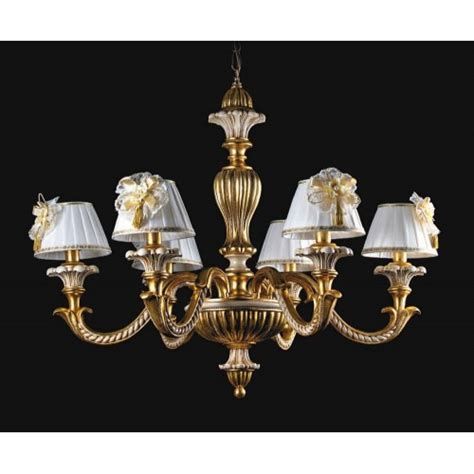 Lampadario In Legno Avorio E Foglia Oro Con Strass E Paralumi TP 185