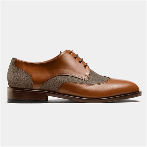 Wingtip Derby shoes - brown leather, tweed & leather