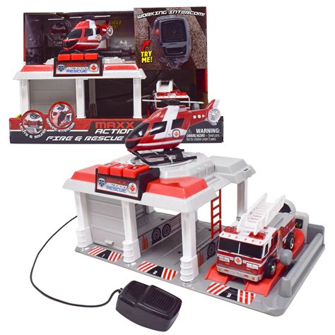 Maxx Action Mini Vehicles Playset Rescue Garage With Helicopter And Fire Truck