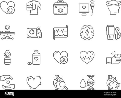 Conjunto De Iconos De La Línea De Ataque Al Corazón Electrocardiograma Realizado Botiquín De