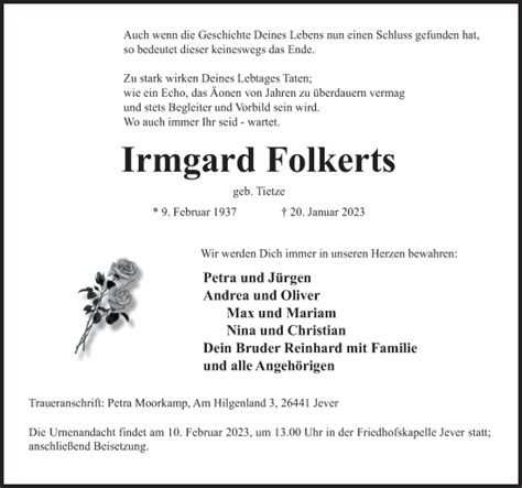 Traueranzeigen Von Irmgard Folkerts Nordwest Trauer De