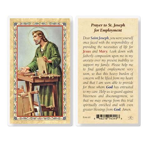 Prayer To St Joseph For Employment Gold Stamped Laminated Holy Cards