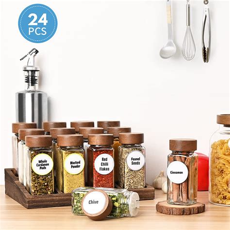 12pcs Glass Spice Jars With Acacia Lid And Shaker 4oz 120ml Square