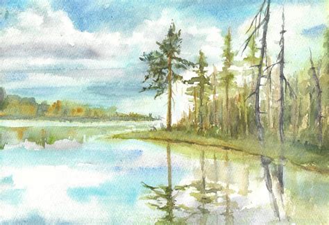 The Lake Watercolor Painting Stock Image - Image of flow, flower: 253122653