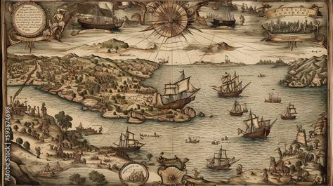 Historical map, treasure map, pirate map with pirate ships, islands and ...