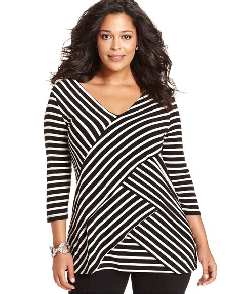 Ny Collection Plus Size Three Quarter Sleeve Striped Tiered Top Tops