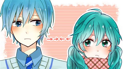 Safebooru 1boy 1girl Ahoge Aqua Eyes Aqua Hair Blue Eyes Blue Hair Blush Directional Arrow