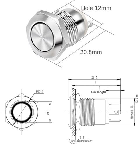 Metalen Drukschakelaar OFF ON 12mm Rond 12V 24V Puls Plat