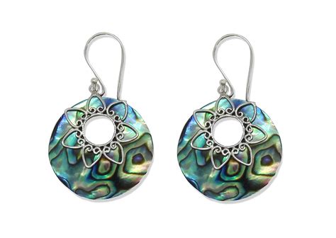 Silver Baliness Style Earrings With Round Abalone Paua Shell