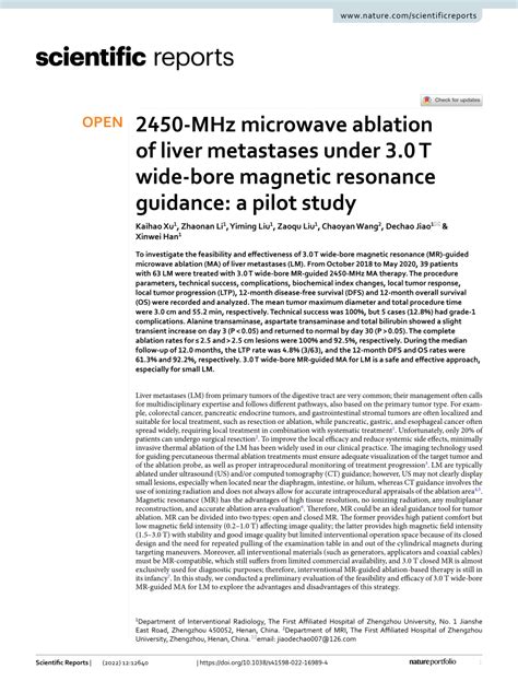 PDF 2450 MHz Microwave Ablation Of Liver Metastases Under 3 0 T Wide