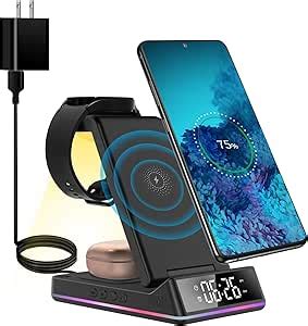 3 In 1 Wireless Charger Station Qi Fast Charger Dock With Clock Alarm