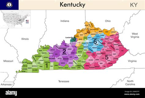 Kentucky State Map With Counties Borders And Colored Congressional