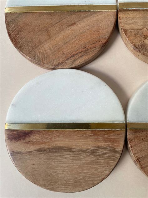 White Marble And Wood Coaster Set Of 4 Round Wooden Brass Coasters