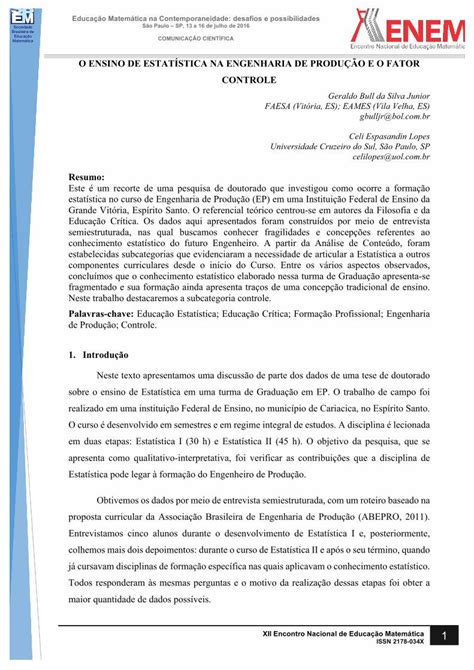 Pdf O Ensino De Estat Stica Na Engenharia De Produ O E O