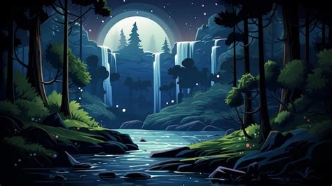 Cascada en el bosque por la noche con luna en el cielo ilustración