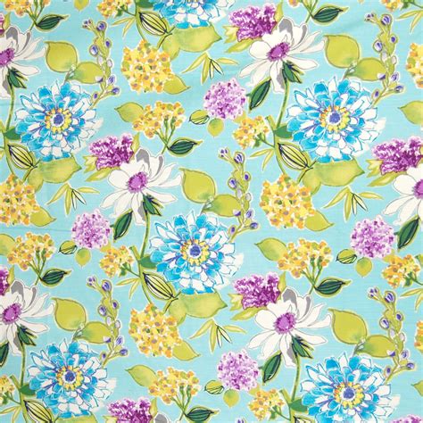 Spring Water Blue And Purple Floral Cotton Upholstery Fabric