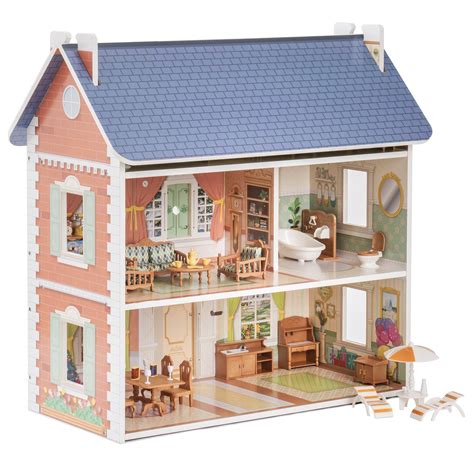 Rofitall Vintage Wooden Dollhouse For Kids With Furniture Accessories