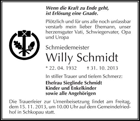 Traueranzeigen Von Willy Schmidt Abschied Nehmen De