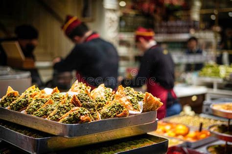 Close Up Shot Of Traditional Baklava Pieces Displayed In A Shop In