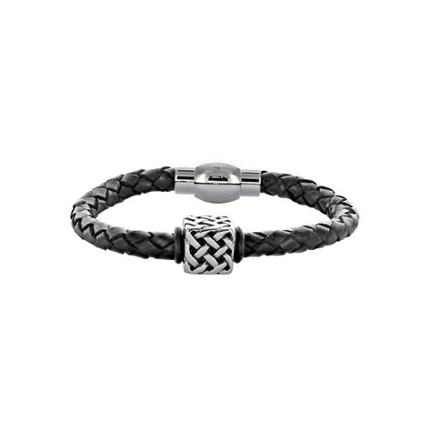 Bracelet Tress Noir En Cuir De Bovin Orn D Un Cube En Acier Laval