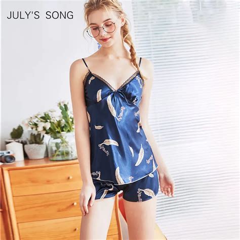 Julys Song Sleep Lounge Pajama Set Sexy Satin Women Summer Pajama