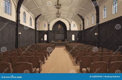 Church Interior With High Vaulted Ceilings Arched Windows And Rows