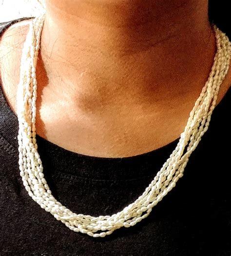 Necklace Multistrand Freshwater Rice Pearls 7 Strands 14K Gold Clasp