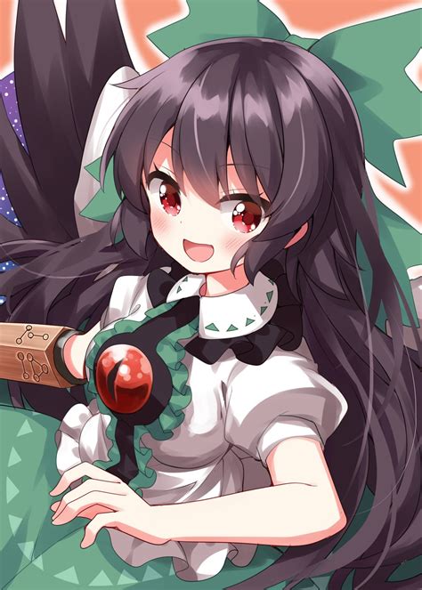 Safebooru 1girl Arm Cannon Black Hair Black Wings Bow Feathered Wings Green Bow Green Skirt