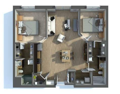 50 Plans 3D d'appartement avec 2 chambres