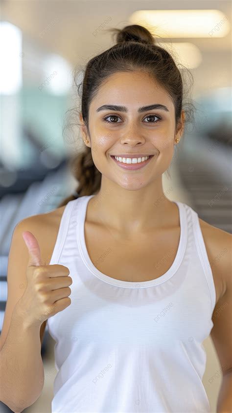 Fundo Uma Linda Mulher Fitness Sorrindo E Mostrando Os Polegares Para