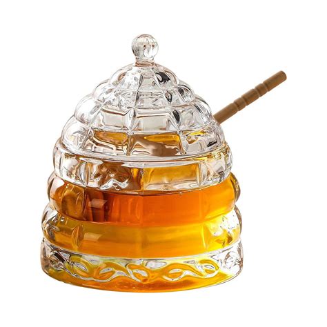 Hblife 10 Oz Honey Jar With Wooden Dipper Crystal Glass Beehive Honey