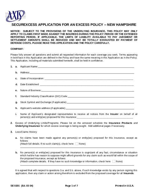 Alberta Standard Excess Third Party Liability Automobile Policy Doc