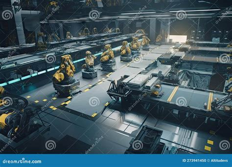 Futuristic Assembly Line With Floating Robotic Arms And Drones Assembling Intricate Devices