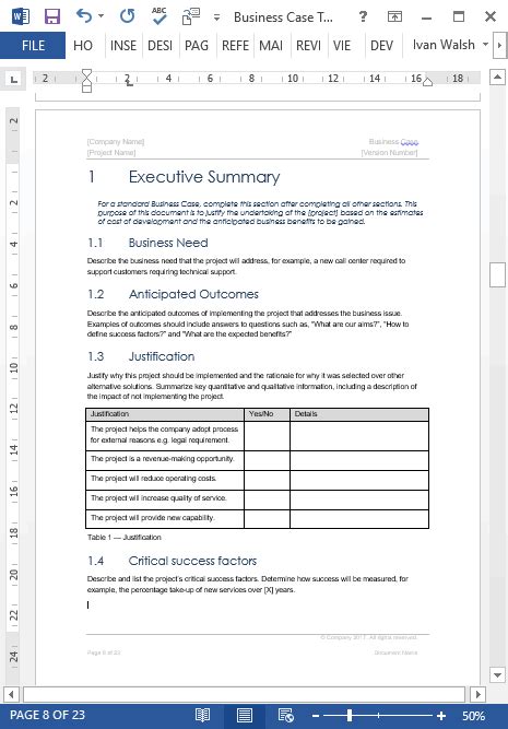 Business Case Template – 22 pages MS Word with Free Sample Materials